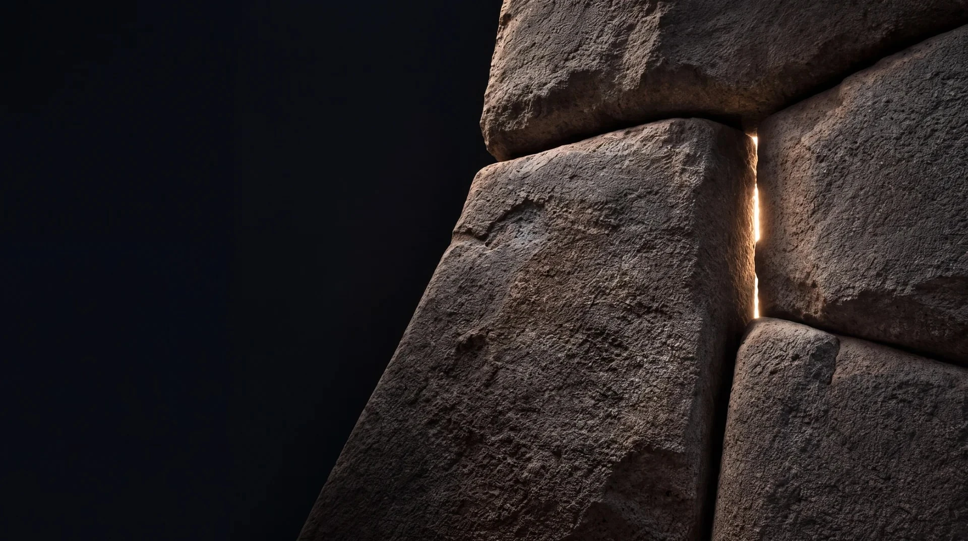 Weathered, fitted stone blocks with warm amber light coming through the joint